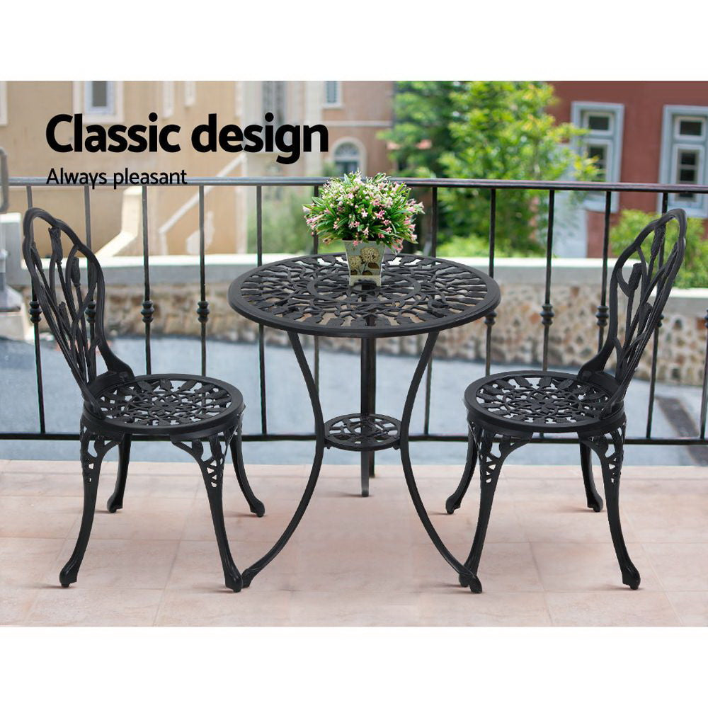 Gardeon 3PC Outdoor Setting Cast Aluminium Bistro Table Chair Patio Black - BM House & Garden