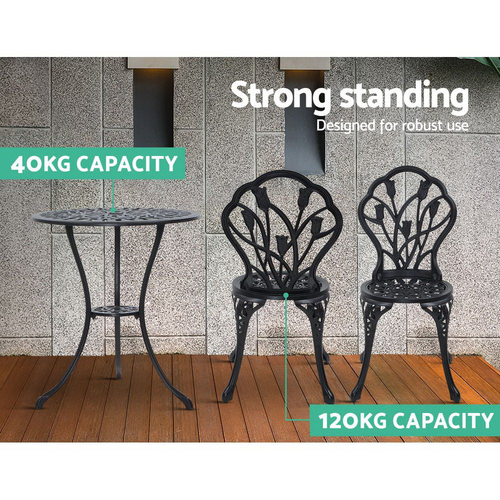 Gardeon 3PC Outdoor Setting Cast Aluminium Bistro Table Chair Patio Black - BM House & Garden