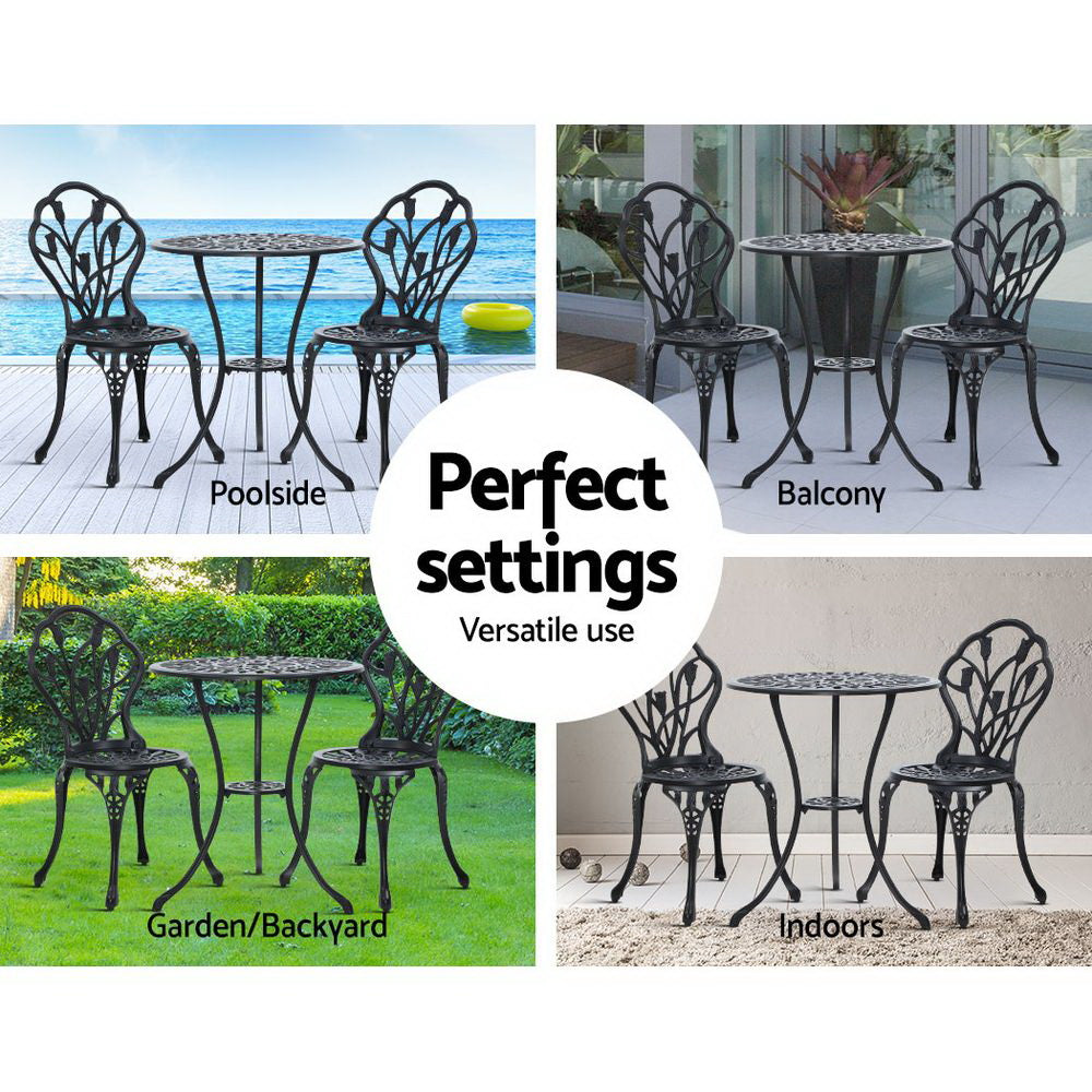 Gardeon 3PC Outdoor Setting Cast Aluminium Bistro Table Chair Patio Black - BM House & Garden