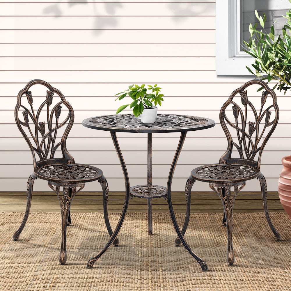 Gardeon 3PC Outdoor Setting Cast Aluminium Bistro Table Chair Patio Bronze - BM House & Garden