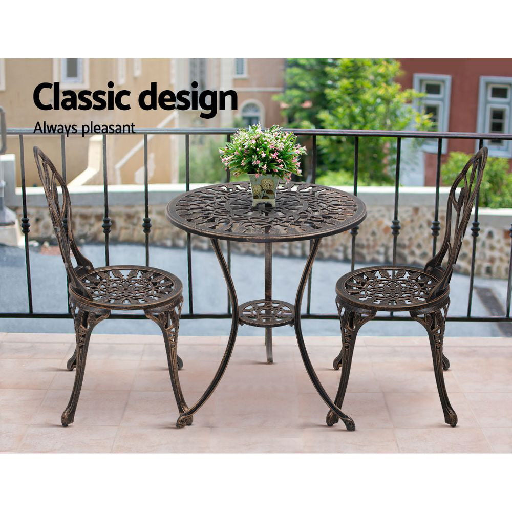 Gardeon 3PC Outdoor Setting Cast Aluminium Bistro Table Chair Patio Bronze - BM House & Garden
