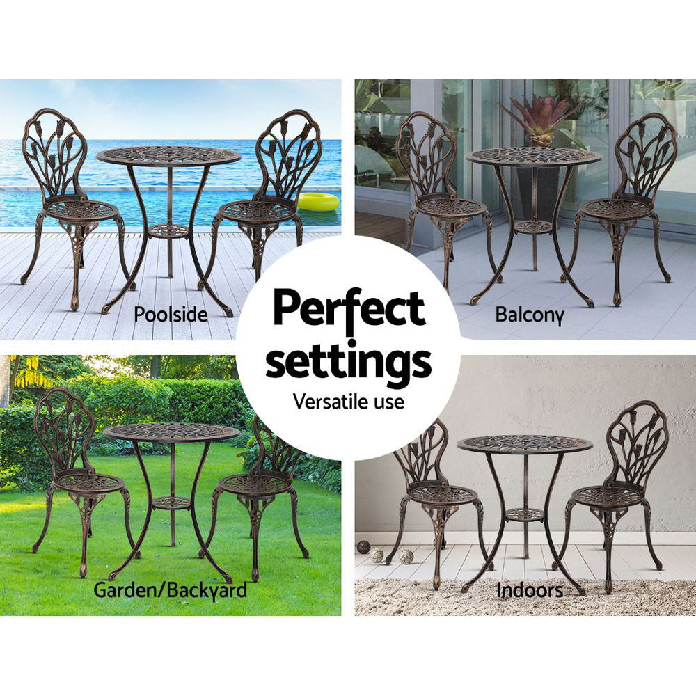 Gardeon 3PC Outdoor Setting Cast Aluminium Bistro Table Chair Patio Bronze - BM House & Garden