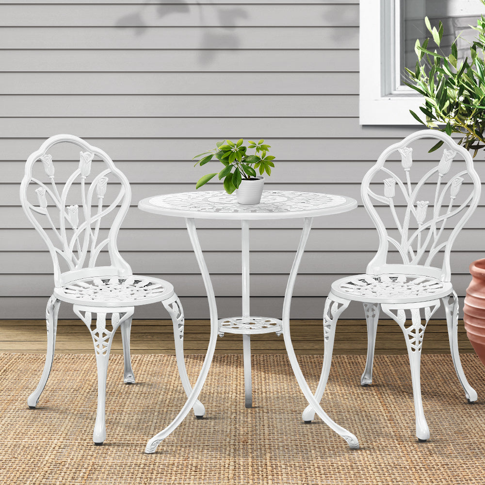 Gardeon 3PC Outdoor Setting Cast Aluminium Bistro Table Chair Patio White - BM House & Garden