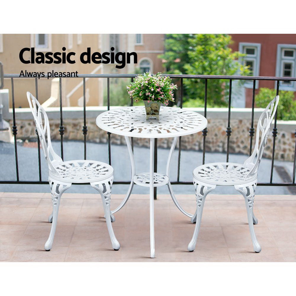 Gardeon 3PC Outdoor Setting Cast Aluminium Bistro Table Chair Patio White - BM House & Garden