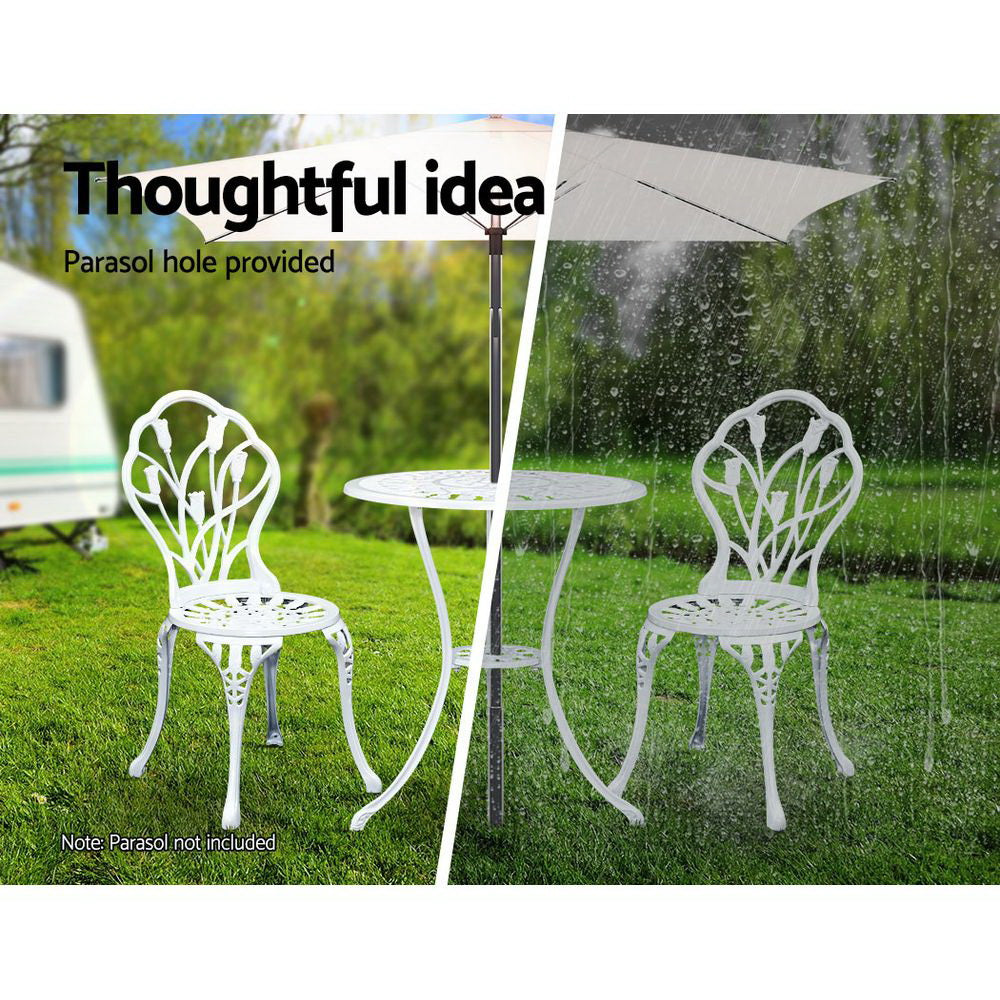 Gardeon 3PC Outdoor Setting Cast Aluminium Bistro Table Chair Patio White - BM House & Garden