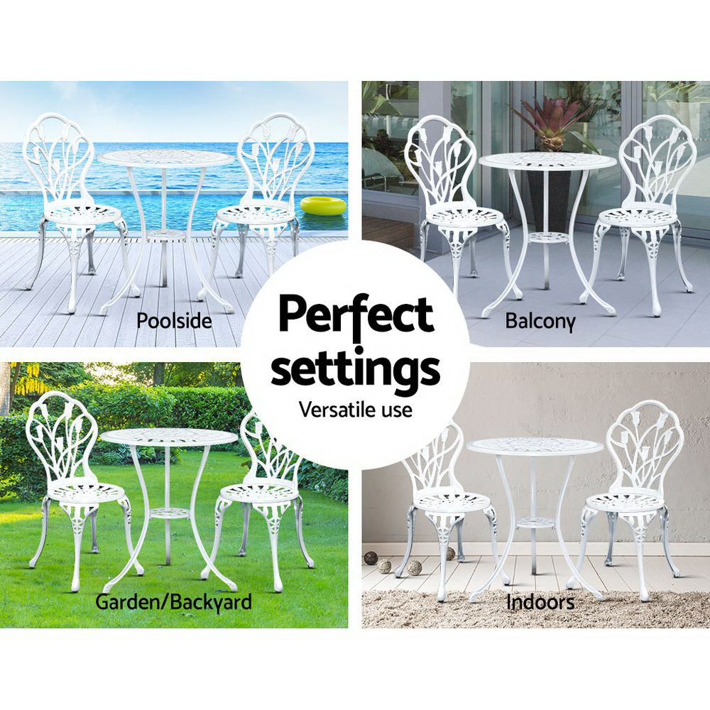 Gardeon 3PC Outdoor Setting Cast Aluminium Bistro Table Chair Patio White - BM House & Garden