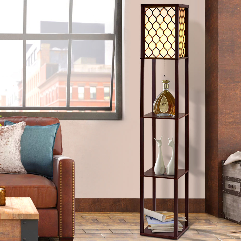 Artiss Floor Lamp LED Storage Shelf Standing Vintage Wood Light Reading Bedroom - BM House & Garden