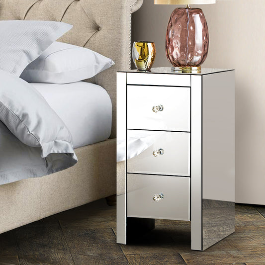 Artiss Mirrored Bedside table Drawers Furniture Mirror Glass Queen Silver - BM House & Garden