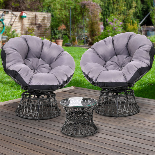 Gardeon Outdoor Lounge Setting Papasan Chairs Table Patio Furniture Wicker Black - BM House & Garden