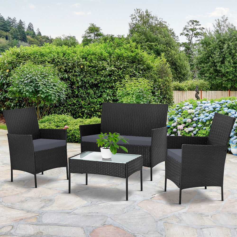 Gardeon Outdoor Furniture Lounge Setting Wicker Patio Dining Set w/Storage Cover Black - BM House & Garden