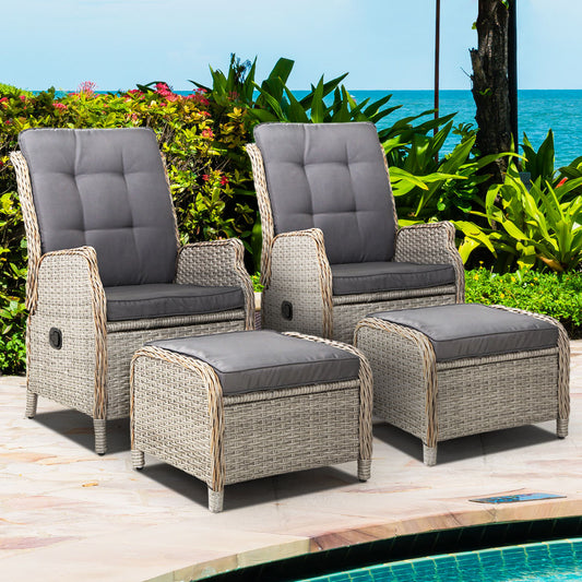 Gardeon Set of 2 Recliner Chairs Sun lounge Outdoor Patio Furniture Wicker Sofa Lounger - BM House & Garden