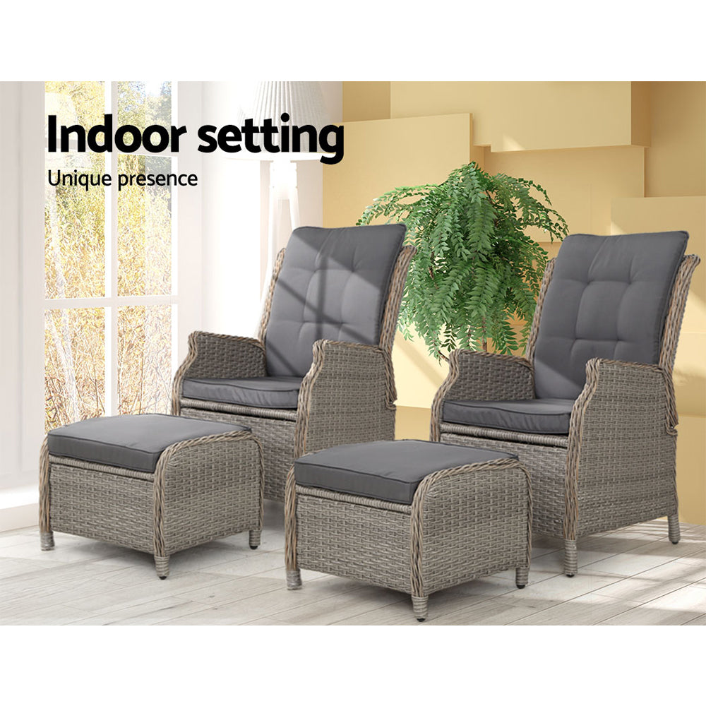 Gardeon Set of 2 Recliner Chairs Sun lounge Outdoor Patio Furniture Wicker Sofa Lounger - BM House & Garden