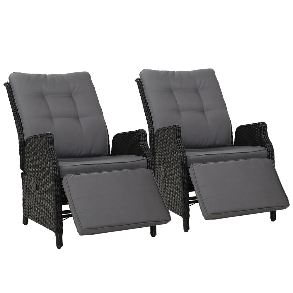 Gardeon Set of 2 Recliner Chairs Sun lounge Outdoor Furniture Setting Patio Wicker Sofa Black - BM House & Garden