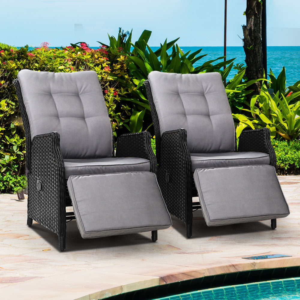 Gardeon Set of 2 Recliner Chairs Sun lounge Outdoor Furniture Setting Patio Wicker Sofa Black - BM House & Garden