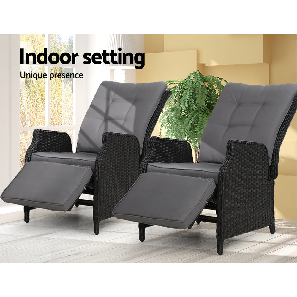 Gardeon Set of 2 Recliner Chairs Sun lounge Outdoor Furniture Setting Patio Wicker Sofa Black - BM House & Garden