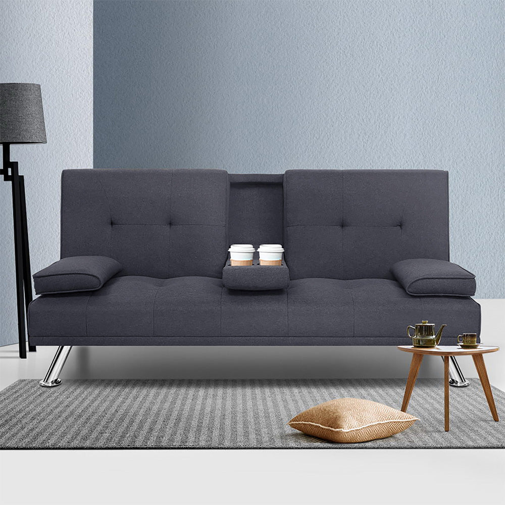 Artiss Linen Fabric 3 Seater Sofa Bed Recliner Lounge Couch Cup Holder Futon Dark Grey - BM House & Garden