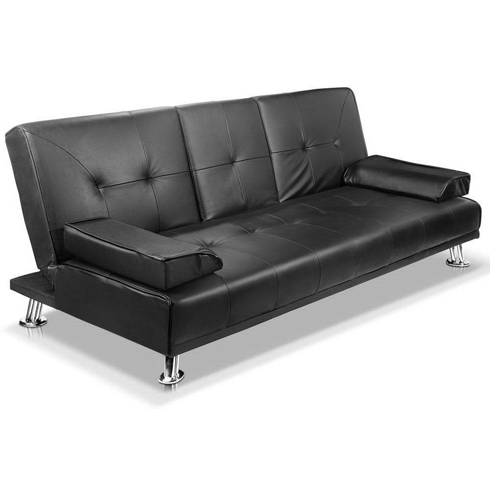 Artiss 3 Seater PU Leather Sofa Bed - Black - BM House & Garden