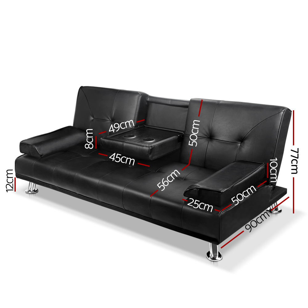 Artiss 3 Seater PU Leather Sofa Bed - Black - BM House & Garden