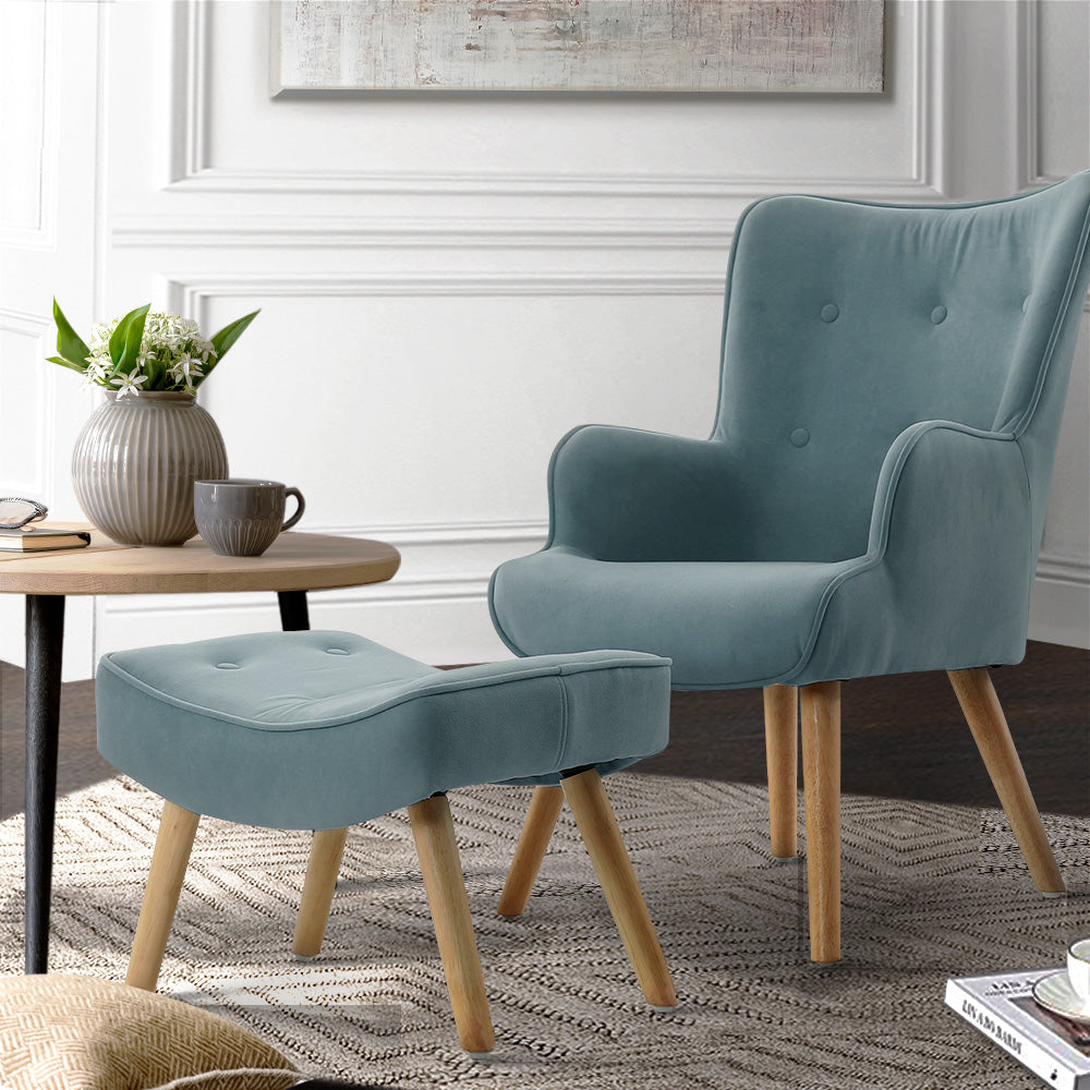 Artiss Armchair Lounge Chair Ottoman Accent Armchairs Sofa Fabric Chairs Blue - BM House & Garden