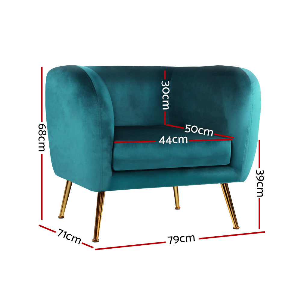 Artiss Armchair Lounge Sofa Arm Chair Accent Chairs Armchairs Couch Velvet Green - BM House & Garden
