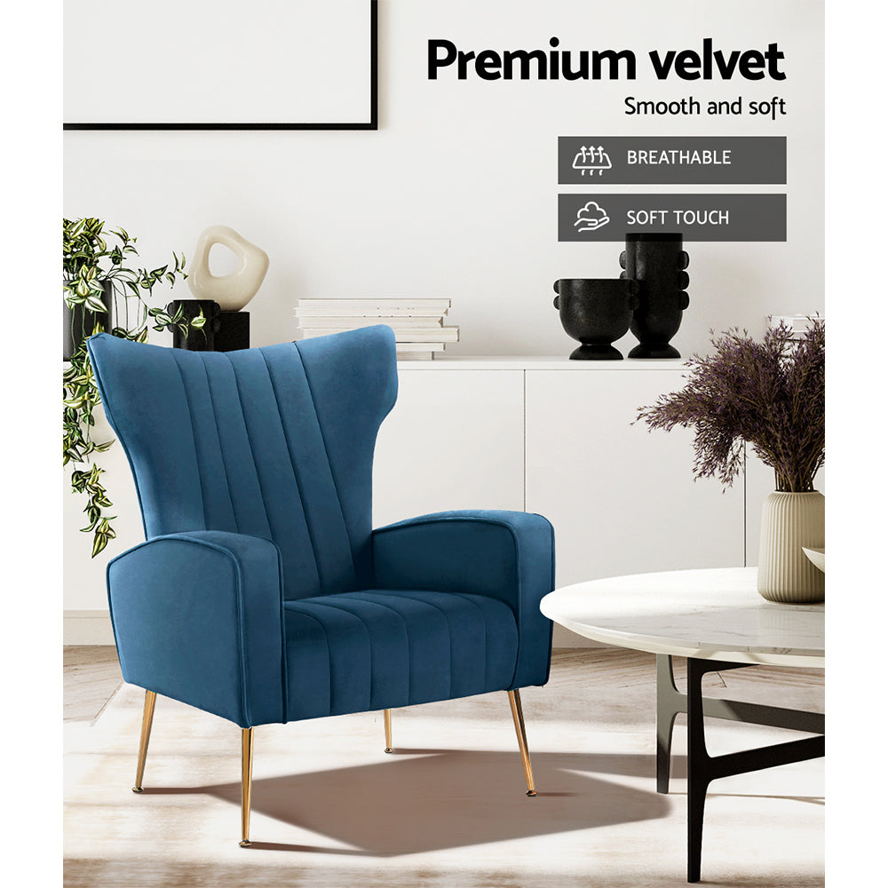 Artiss Armchair Lounge Accent Chairs Armchairs Chair Velvet Sofa Navy Blue Seat - BM House & Garden