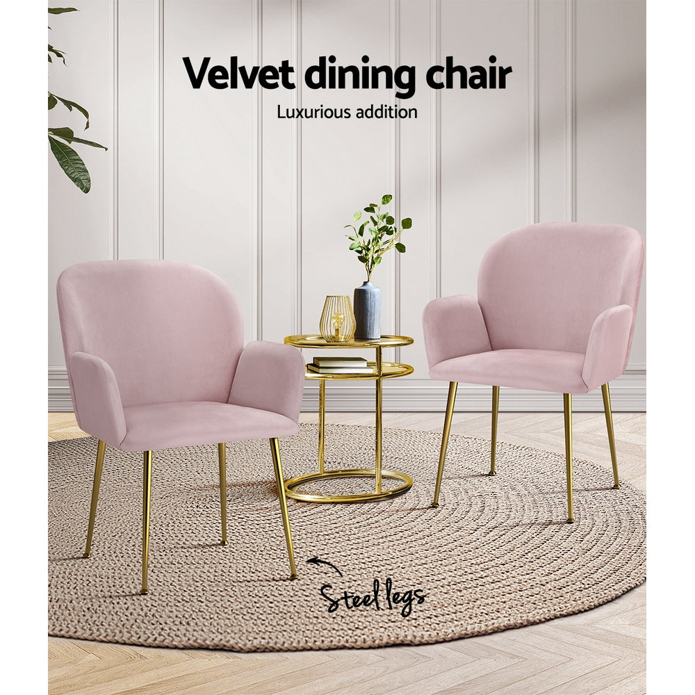 Artiss  Set of 2 Kynsee Dining Chairs Armchair Cafe Chair Upholstered Velvet Pink - BM House & Garden