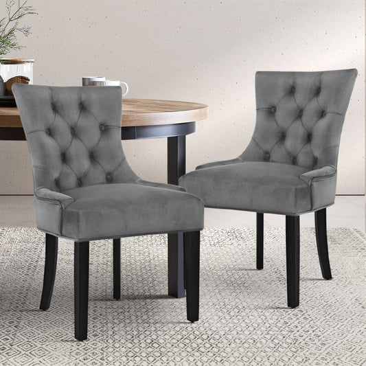 Artiss Set of 2 Dining Chairs French Provincial Retro Chair Wooden Velvet Fabric Grey - BM House & Garden