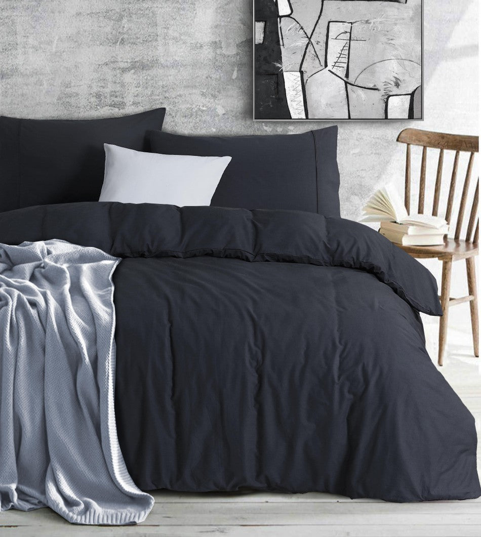 Elan Linen 100% Egyptian Cotton Vintage Washed 500TC Charcoal Single Quilt Cover Set - BM House & Garden