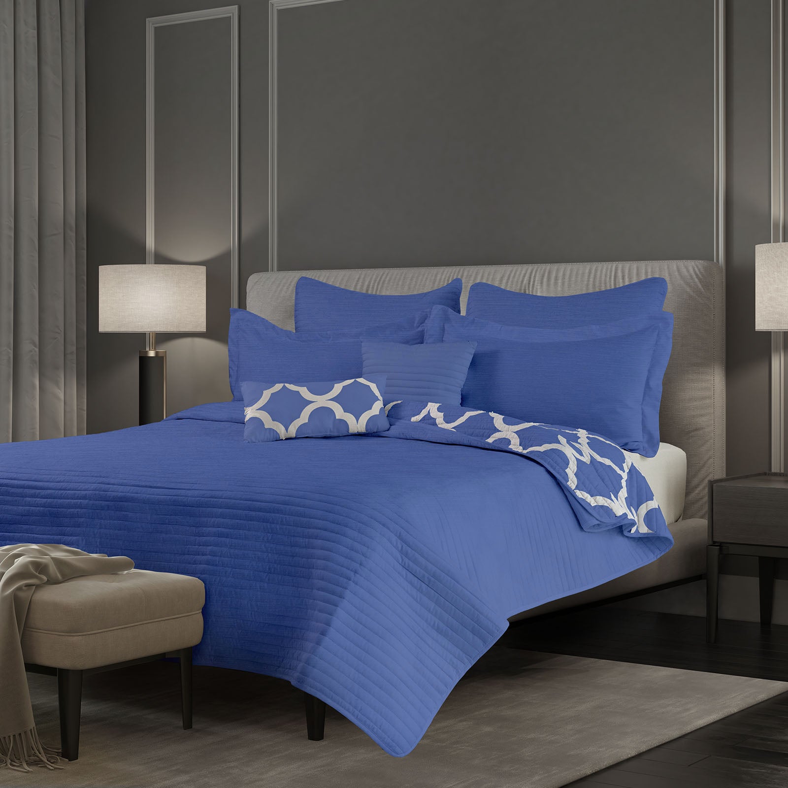 Royal Comfort Bamboo Cooling Reversible 7 Piece Comforter Set Bedspread - Queen - Royal Blue - BM House & Garden