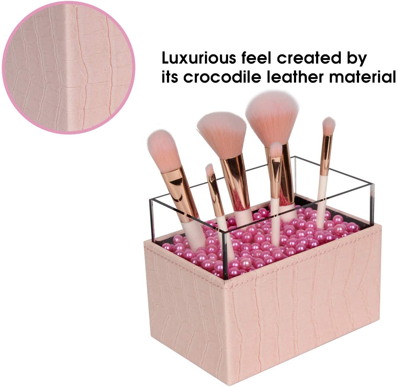 Leather Makeup Brush Cosmetic Organiser Storage Box with Pink Pearls and Acrylic Cover (Pink) - BM House & Garden