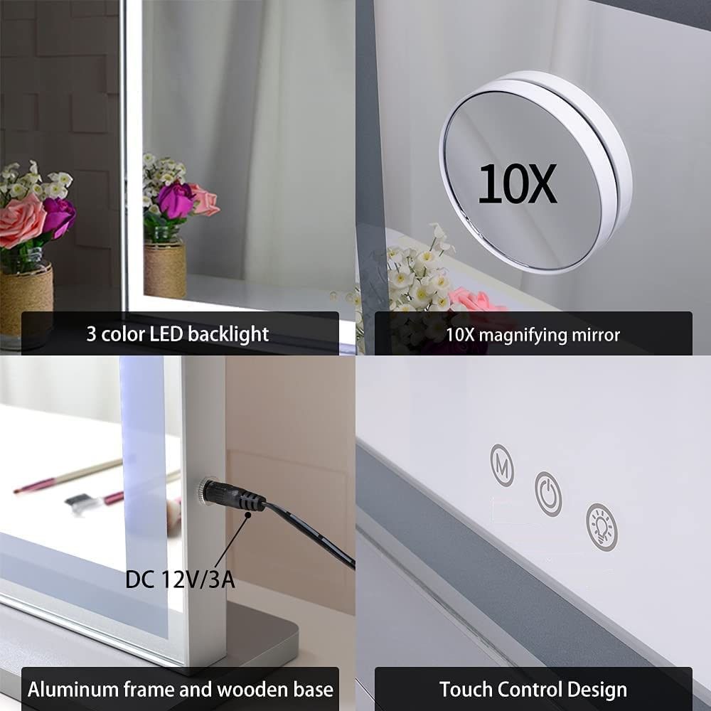 10x Magnification Mirror with Smart Touch Control and 3 Colors Dimmable Light for Bathroom and Bedroom  (71 x 57 cm) - BM House & Garden