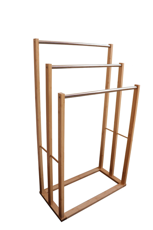 Bamboo Towel Bar Metal Holder Rack 3-Tier Freestanding for Bathroom and Bedroom - BM House & Garden