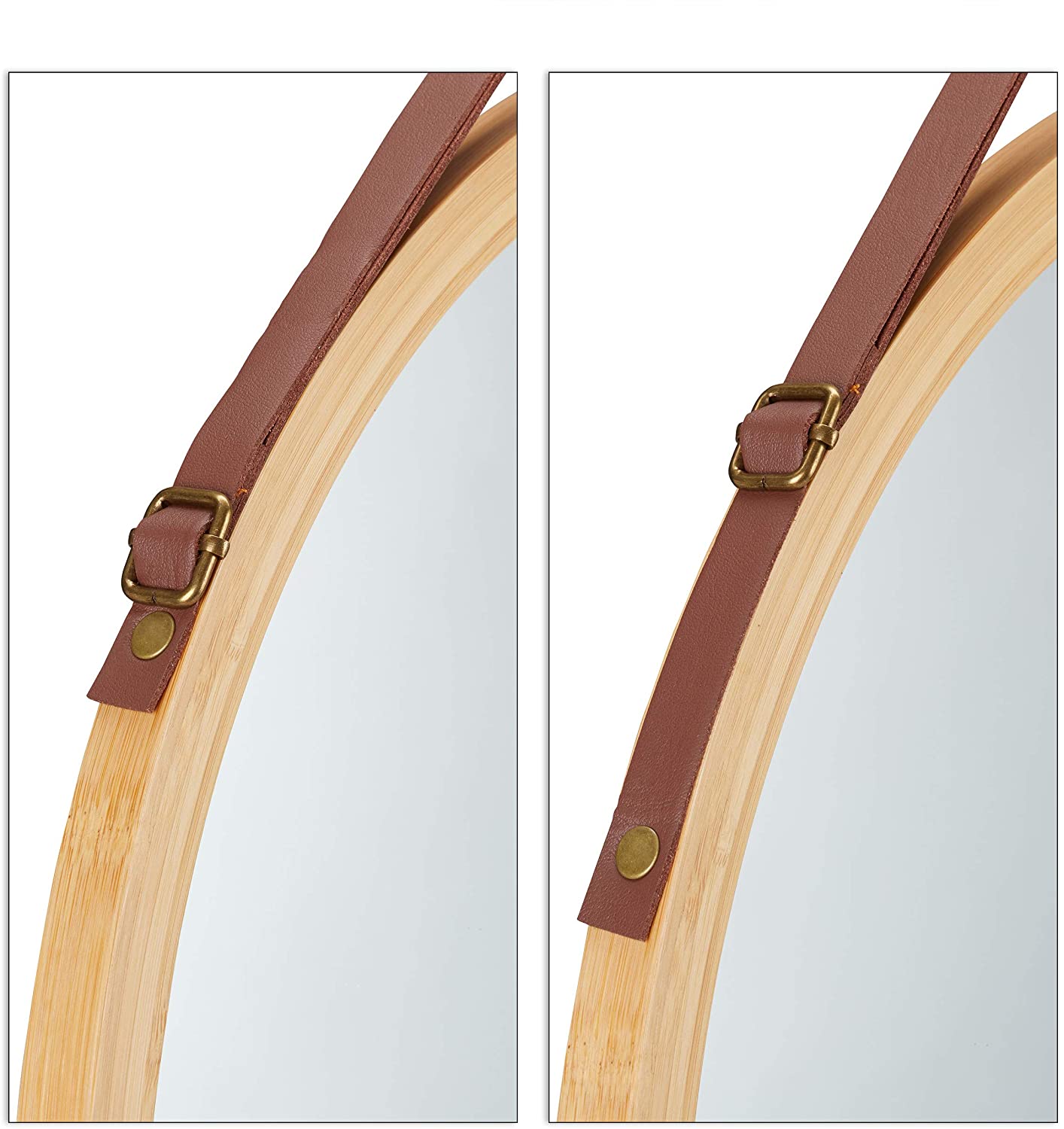 Hanging Round Wall Mirror 38 cm - Solid Bamboo Frame and Adjustable Leather Strap for Bathroom and Bedroom - BM House & Garden