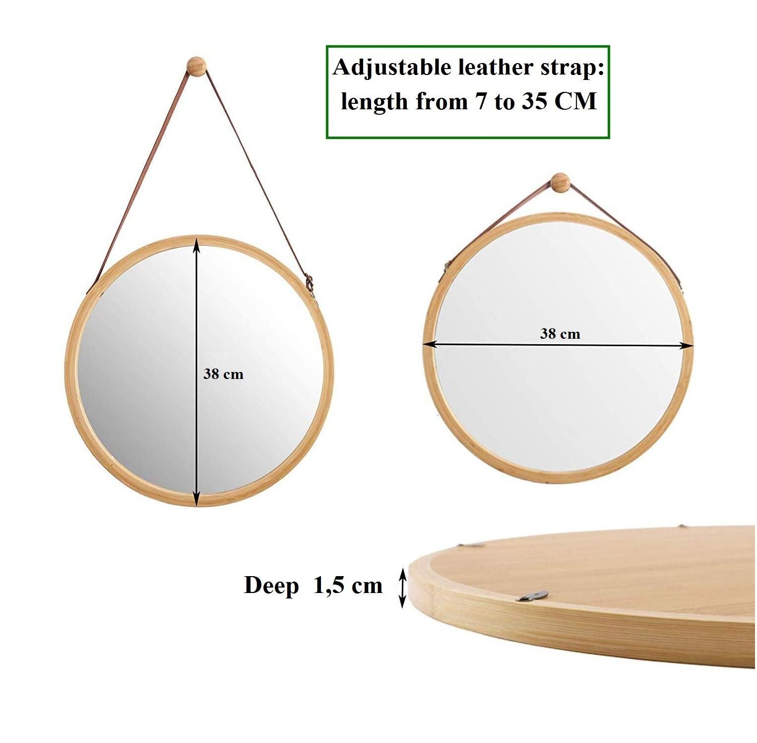 Hanging Round Wall Mirror 38 cm - Solid Bamboo Frame and Adjustable Leather Strap for Bathroom and Bedroom - BM House & Garden