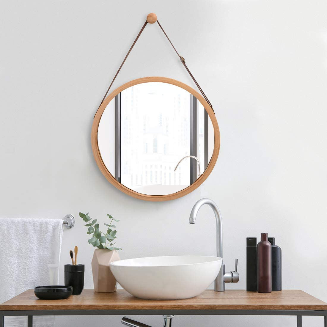 Hanging Round Wall Mirror 45 cm - Solid Bamboo Frame and Adjustable Leather Strap for Bathroom and Bedroom - BM House & Garden