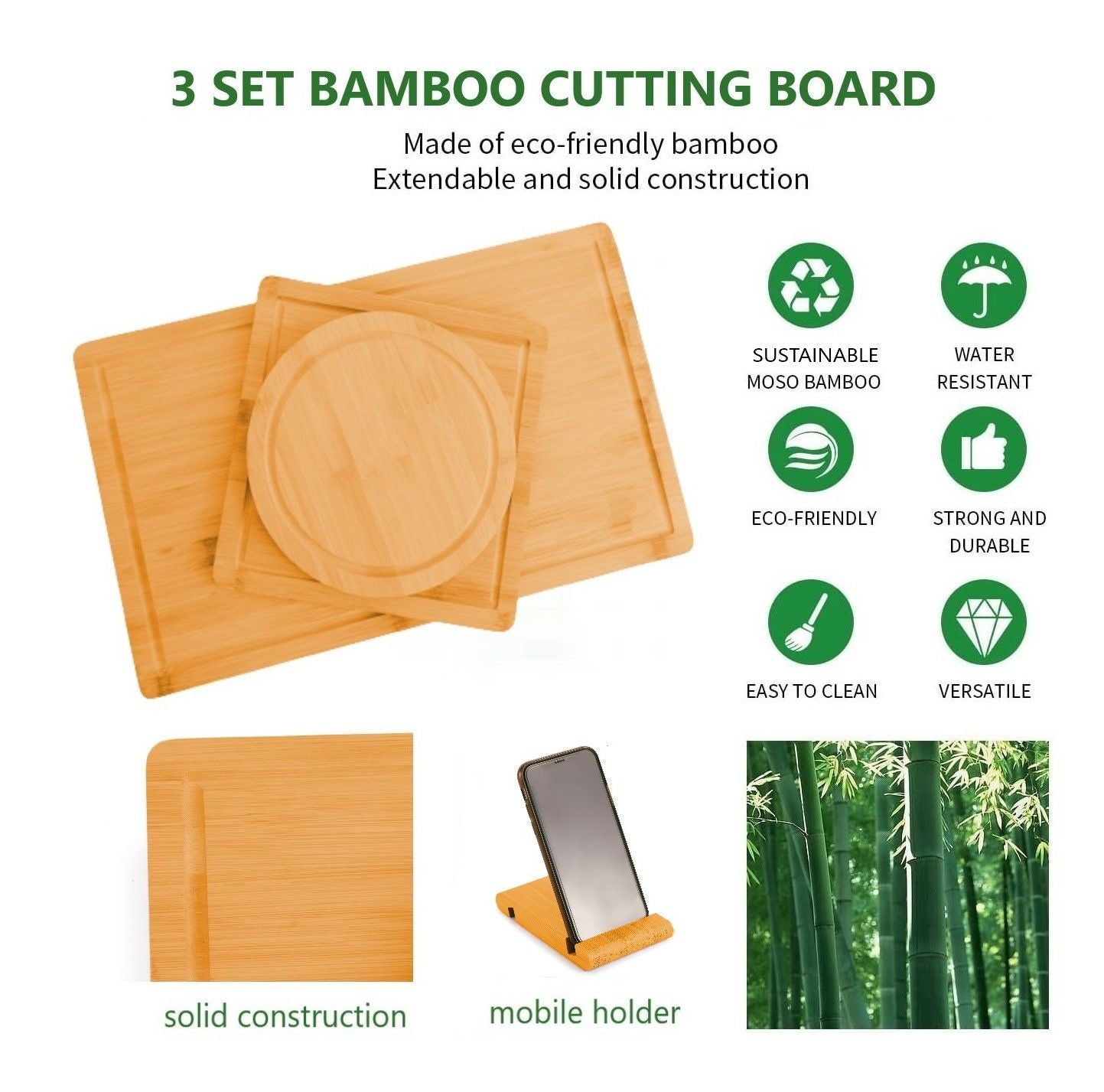 3 Pieces Bamboo Cutting Board with Juice Groove and Mobile Holder included for Home Kitchen - BM House & Garden