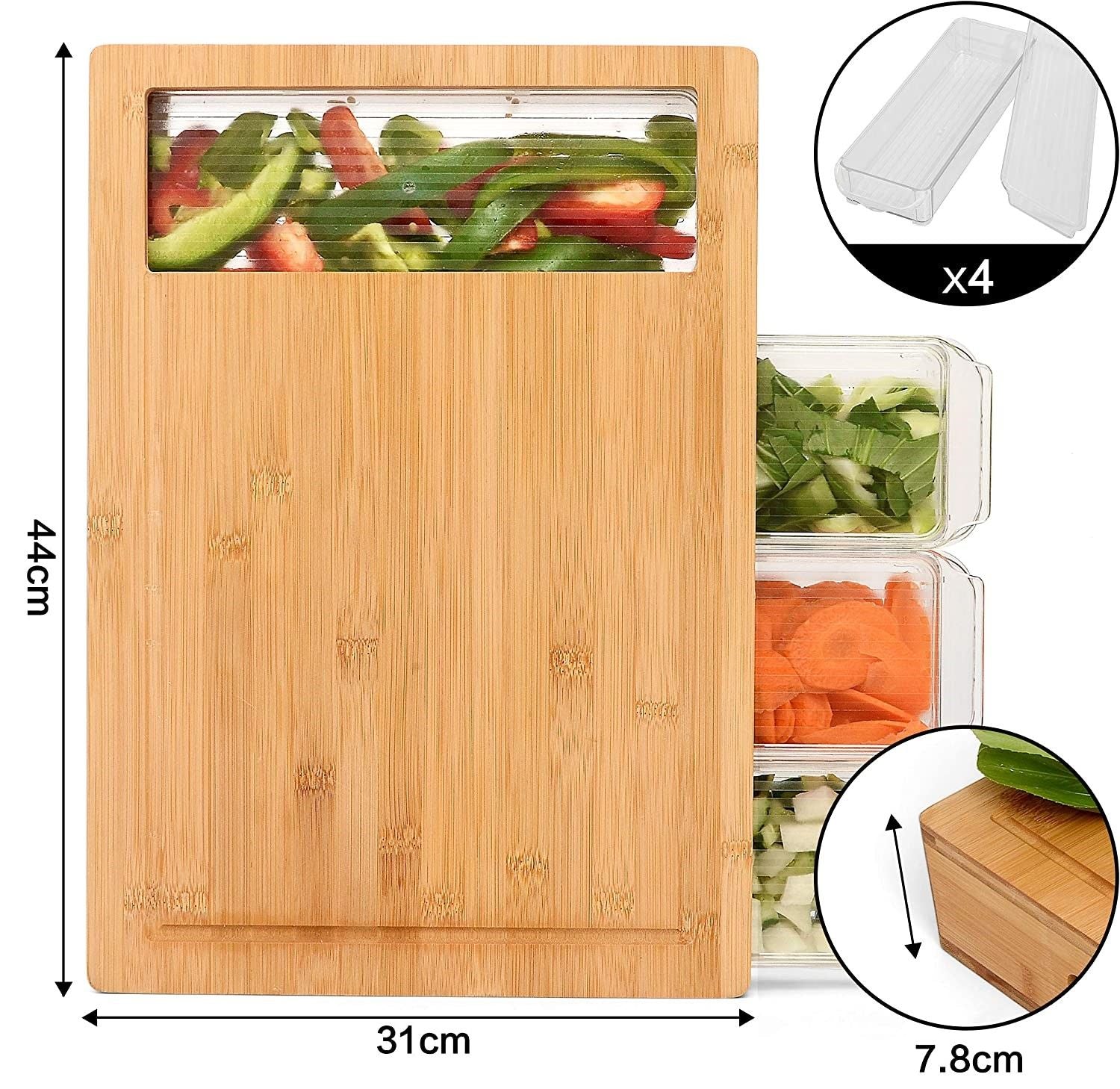 Large Bamboo Cutting Board and 4 Containers with Mobile Holder gift included for Home Kitchen - BM House & Garden