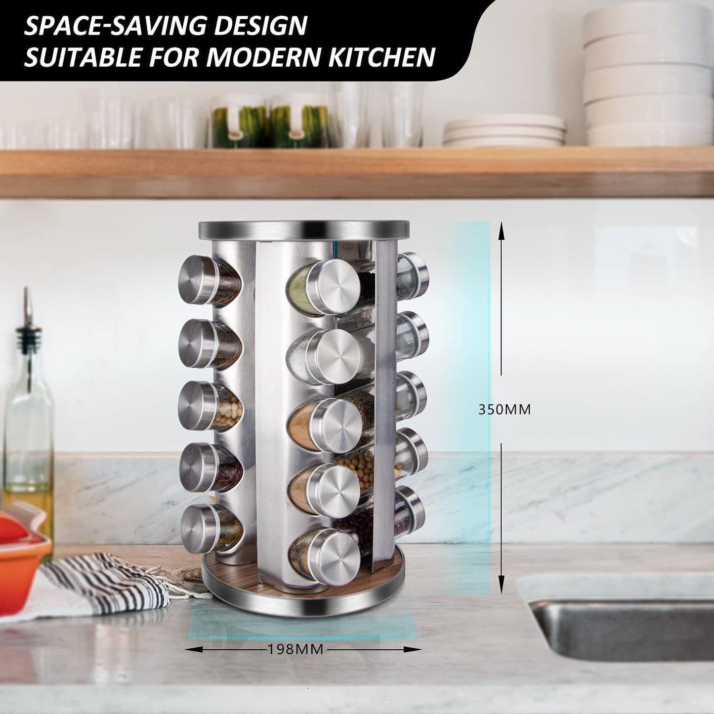 Rotating Spice Rack Organizer with 20 Pieces Jars for Kitchen - BM House & Garden