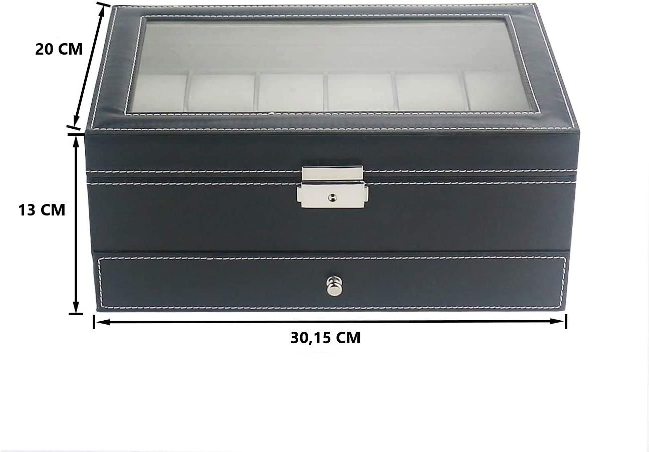 12 Slot PU Leather Lockable Watch and Jewelry Storage Boxes (Black) - BM House & Garden