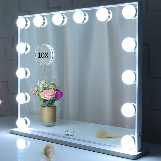 62 x 51cm White Makeup Vanity Mirror with LED Lights and Detachable 10X Magnification Mirror