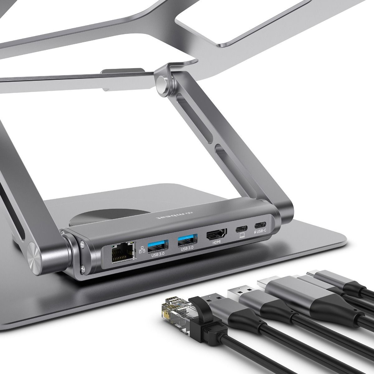 Space Grey Rotating Laptop Stand with USB-C Docking Station