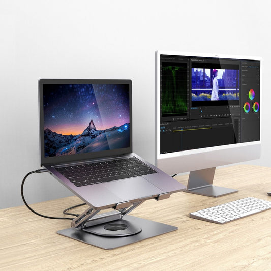 Space Grey Rotating Laptop Stand with USB-C Docking Station