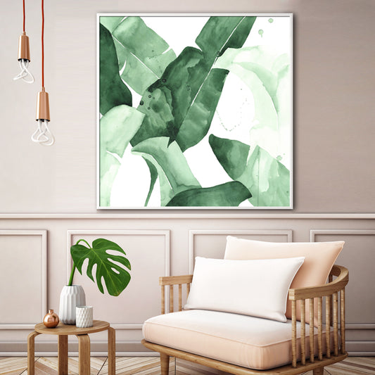 60cmx60cm Tropical Leaves Square Size White Frame Canvas Wall Art - BM House & Garden