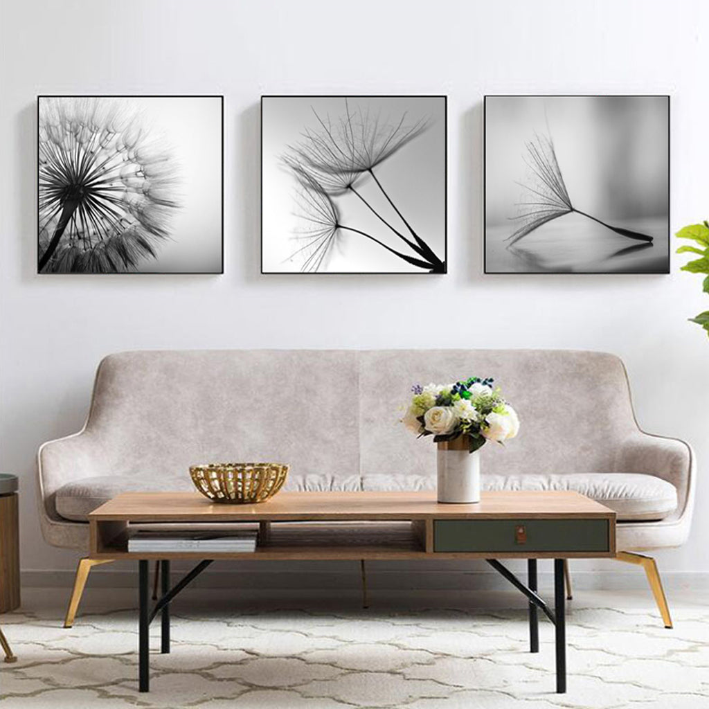 50cmx50cm Botanical dandelions 3 Sets Black Frame Canvas Wall Art - BM House & Garden