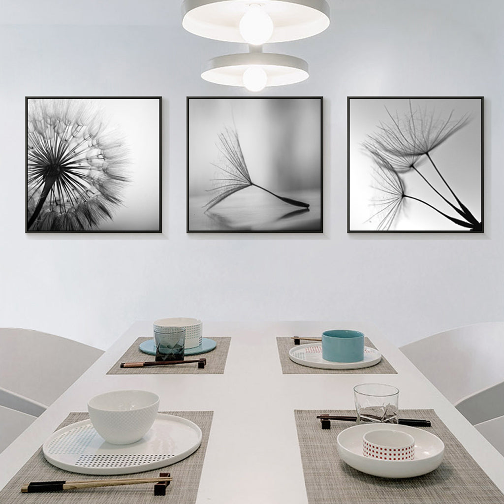 60cmx60cm Botanical dandelions 3 Sets Black Frame Canvas Wall Art - BM House & Garden