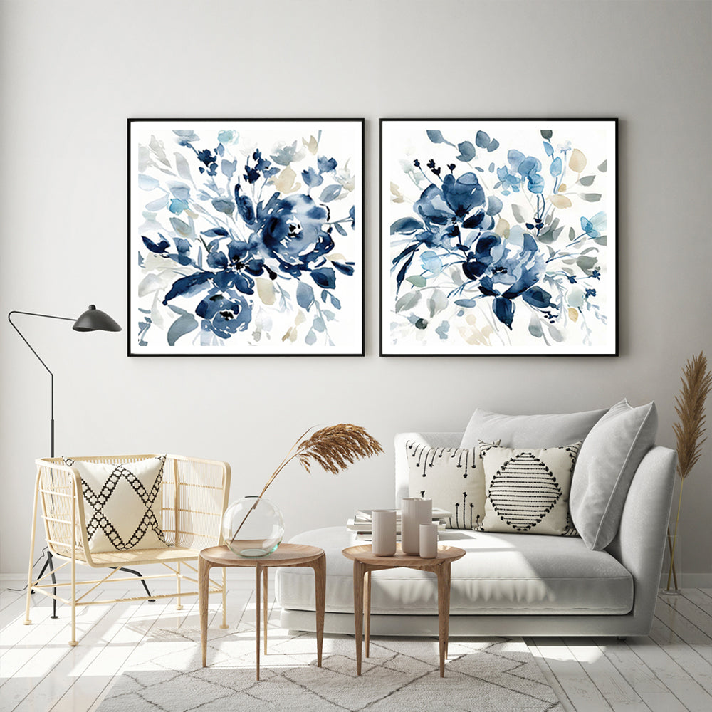 60cmx60cm Indigo Garden By Carol Robinson 2 Sets Black Frame Canvas Wall Art - BM House & Garden