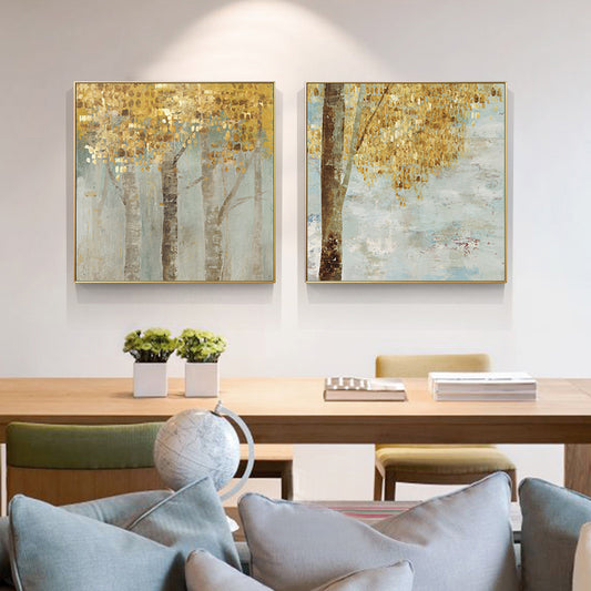 50cmx50cm Golden Leaves 2 Sets Gold Frame Canvas Wall Art - BM House & Garden