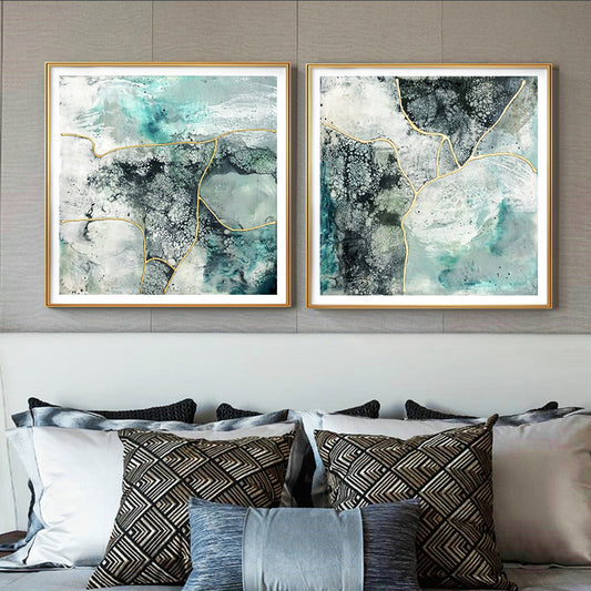 50cmx50cm Marbled Green 2 Sets Gold Frame Canvas Wall Art - BM House & Garden