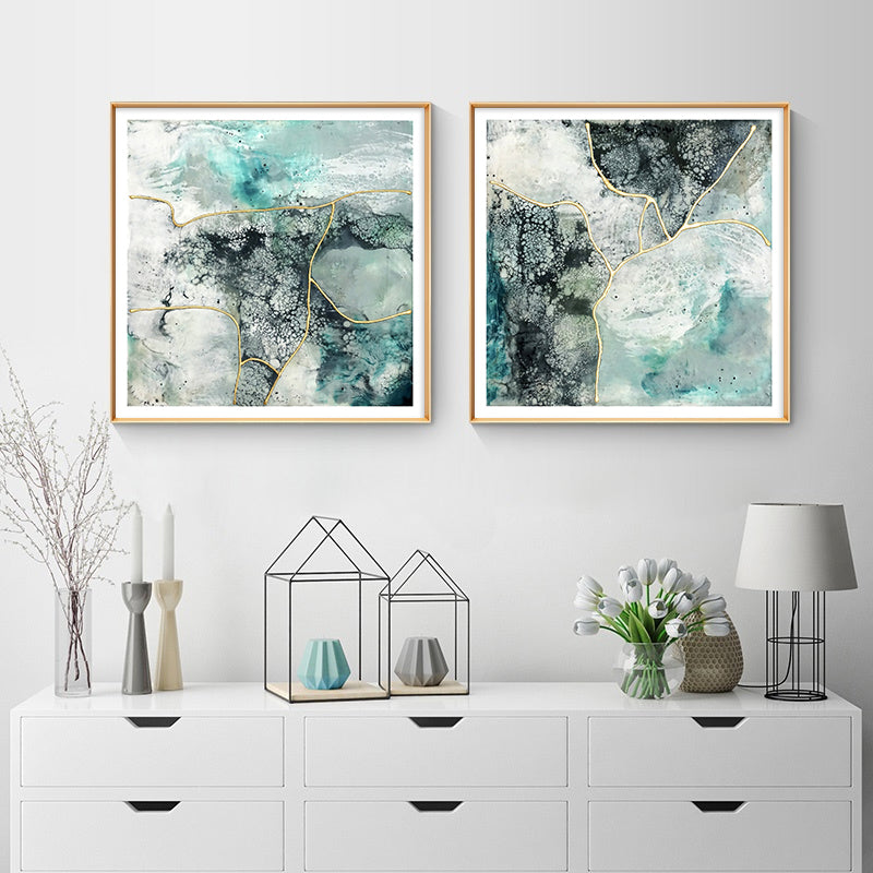 60cmx60cm Marbled Green 2 Sets Gold Frame Canvas Wall Art - BM House & Garden