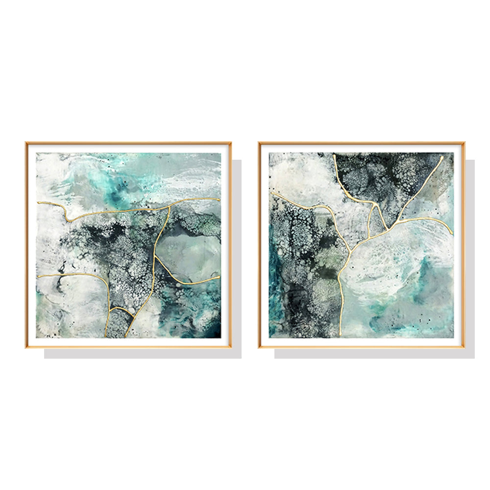 60cmx60cm Marbled Green 2 Sets Gold Frame Canvas Wall Art - BM House & Garden